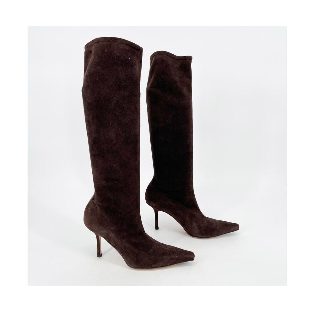 Jimmy Choo Stevie Vintage Coffee Brown Stretch Suede Pointed Knee Boots IT 41
